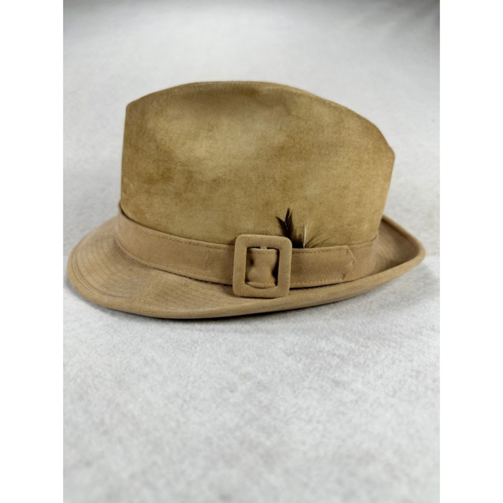 Vintage Churchill Ltd Tan Suede Fedora Hat Size 7 1/8 Buckle Feather